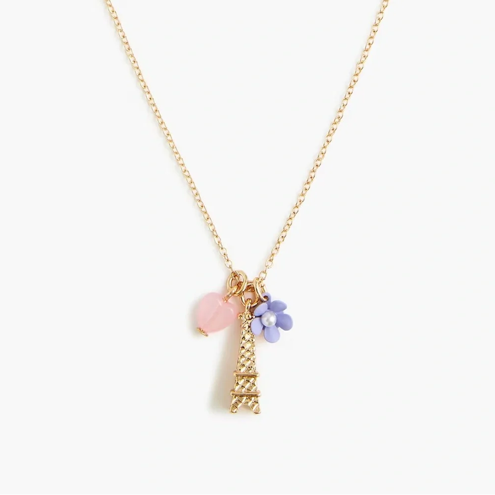 Gold Eiffel Tower Pendant Necklace with Pink Heart & Lavender Flower Charms